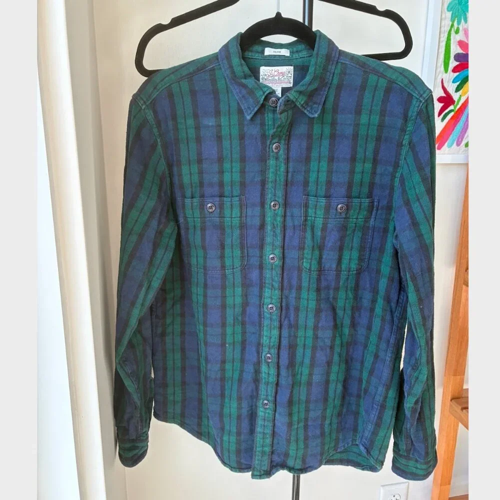 J. Crew Men's Green & Navy Slim Midweight Flannel Shirt in Watch Tartan - Size M